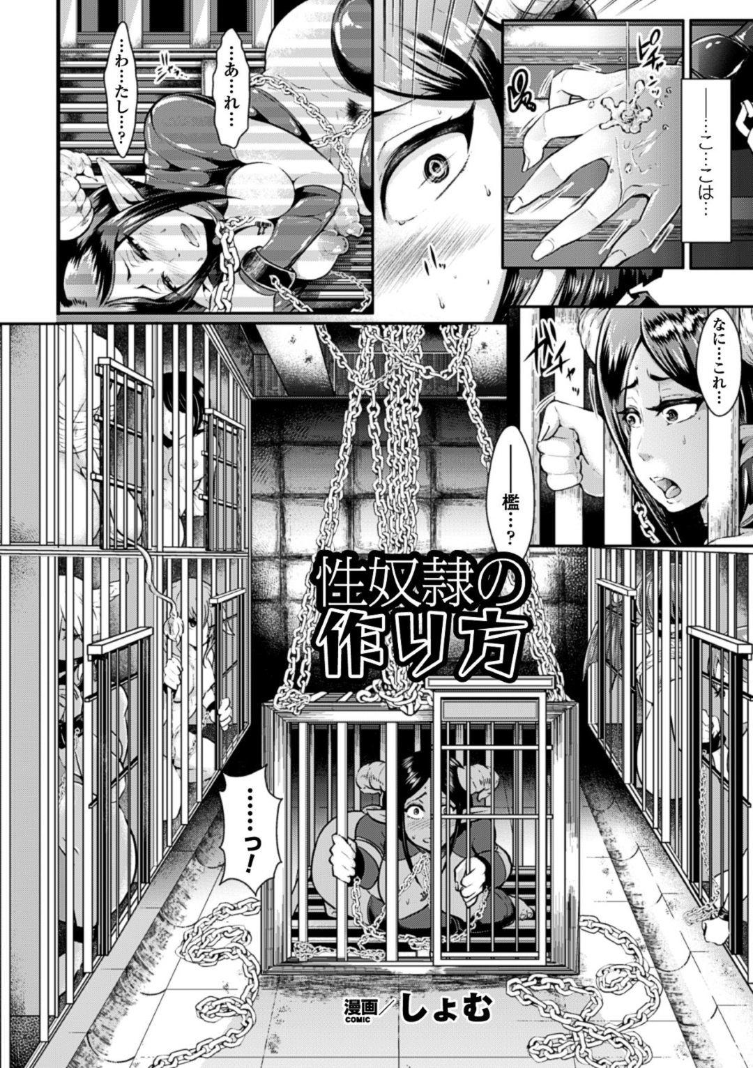 【エロ漫画】人間の狩人たちに捕まって陵辱を受け続ける獣少女…性奴隷として飼われる彼女は乱暴にフェラさせられたり、中出しされたりとやられ放題と化す！【しょむ:性奴隷の作り方】