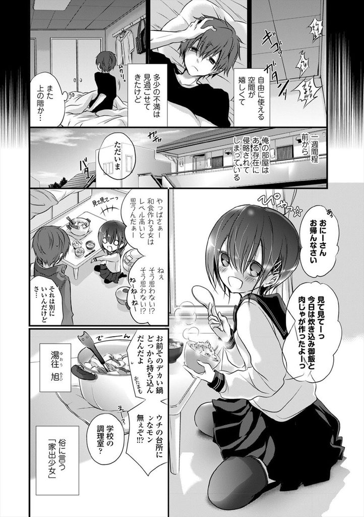 【エロ漫画】下の階に住む優しいお兄さんの家の入り浸り身体で宿泊代を払おうとする巨乳JKな家出少女…叔母から虐待されている事を知り悲しい事を忘れるくらいの激しい中出しセックス【名仁川るい:遮光伽】