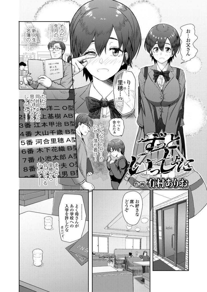 【エロ漫画】離婚して出ていった父が教師として勤めている高校に入学したショートカット巨乳JK…離婚の原因となった過去の娘との過ちは実は娘が望んだことだった。再会を機に繰り返される禁断の関係【有村ありお：ずっといっしよに】