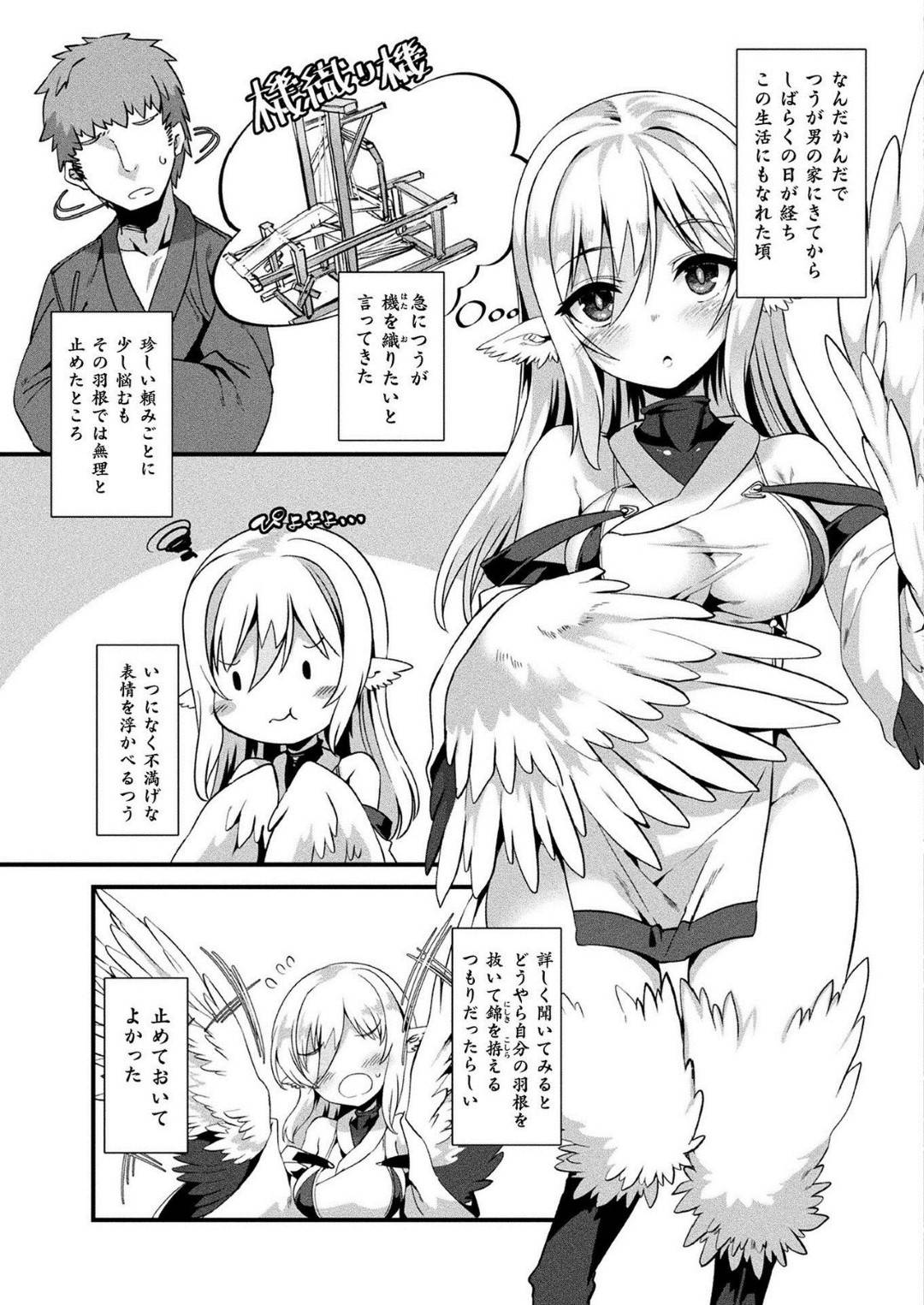 【エロ漫画】主人公に助けられた鶴の獣娘…彼女は彼に恩返しをしようと、彼の家に訪れてはエッチな事を迫る！【針金紳士:つるハーピィの恩返し】