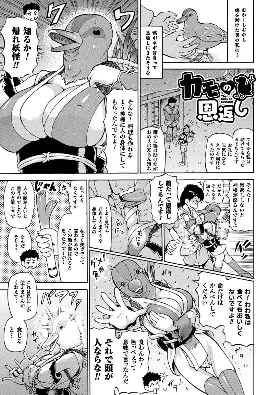 【エロ漫画】主人公のもとに恩返しとして現れたムチムチ娘…彼女は彼に恩を返すべく、発情した彼に膣やアナルにチンポを挿入させてセックスをさせる！【しいなかずき:カモの恩返し】